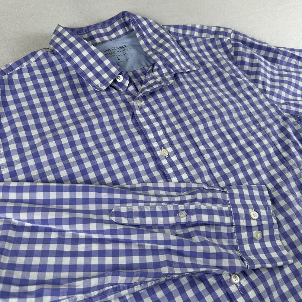 Banana Republic Shirt Mens Large Blue Check Long Sleeve Stretch Button Up Slim